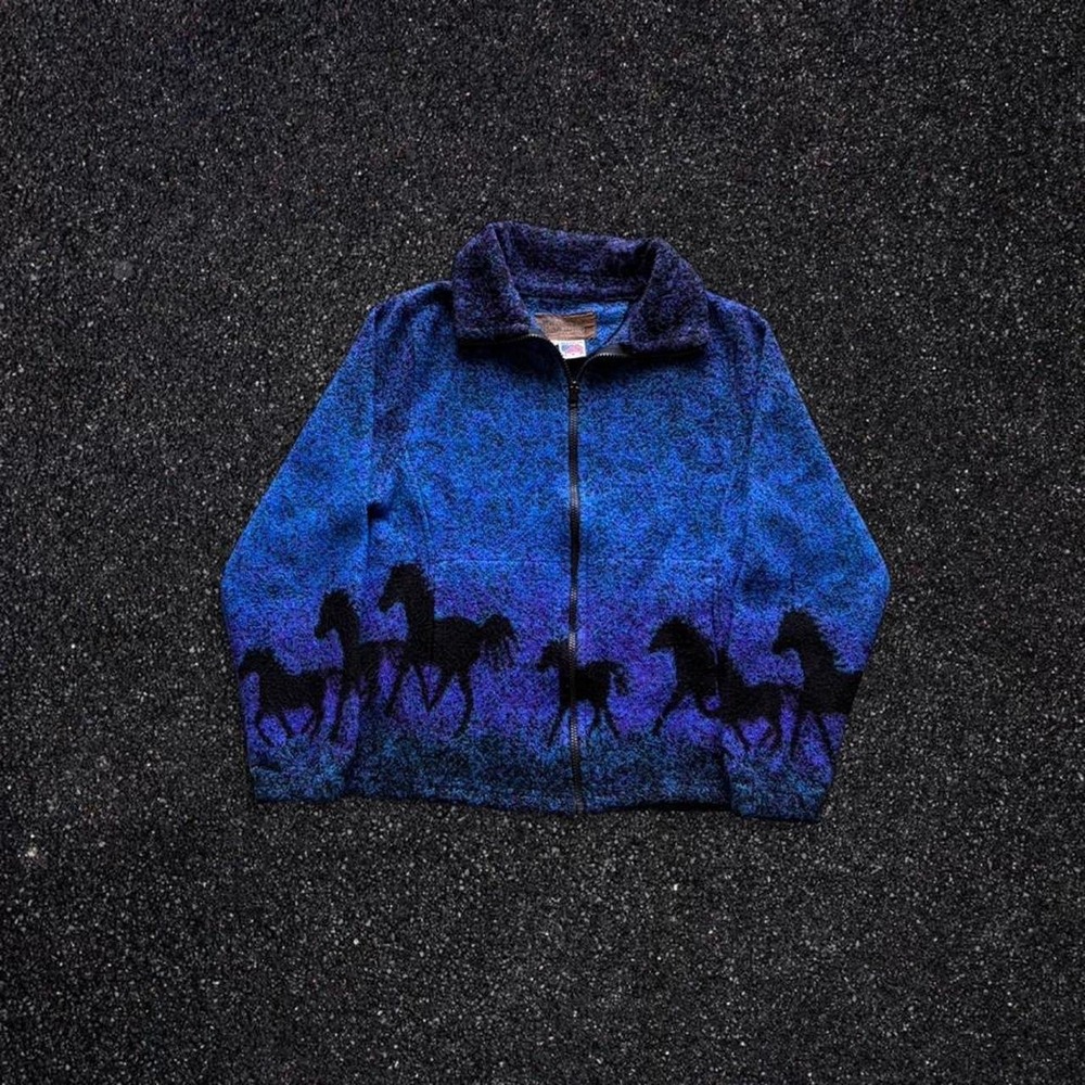 Bear Ridge Outfitters Mens Horse Fleece Jacket Blue Purple Full Zip Small USA